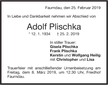 Traueranzeige von Adolf Plischka von NWZ Neue Württembergische Zeitung