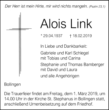 Traueranzeige von Alois Link von SÜDWEST PRESSE Ausgabe Ulm/Neu-Ulm
