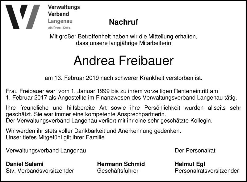  Traueranzeige für Andrea Freibauer vom 21.02.2019 aus SÜDWEST PRESSE