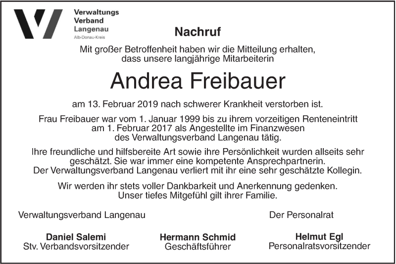  Traueranzeige für Andrea Freibauer vom 20.02.2019 aus SÜDWEST PRESSE Ausgabe Ulm/Neu-Ulm