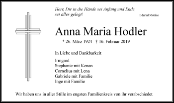 Traueranzeige von Anna Maria Hodler von Hohenzollerische Zeitung