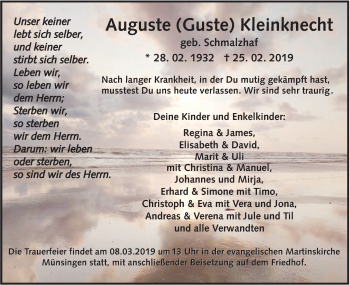 Traueranzeige von Auguste Kleinknecht von Alb-Bote/Metzinger-Uracher Volksblatt