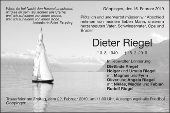 Traueranzeige von Dieter Riegel von NWZ Neue Württembergische Zeitung