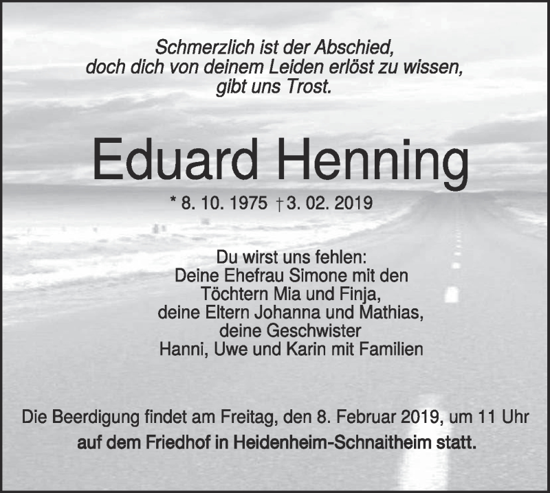  Traueranzeige für Eduard Henning vom 06.02.2019 aus SÜDWEST PRESSE Ausgabe Ulm/Neu-Ulm