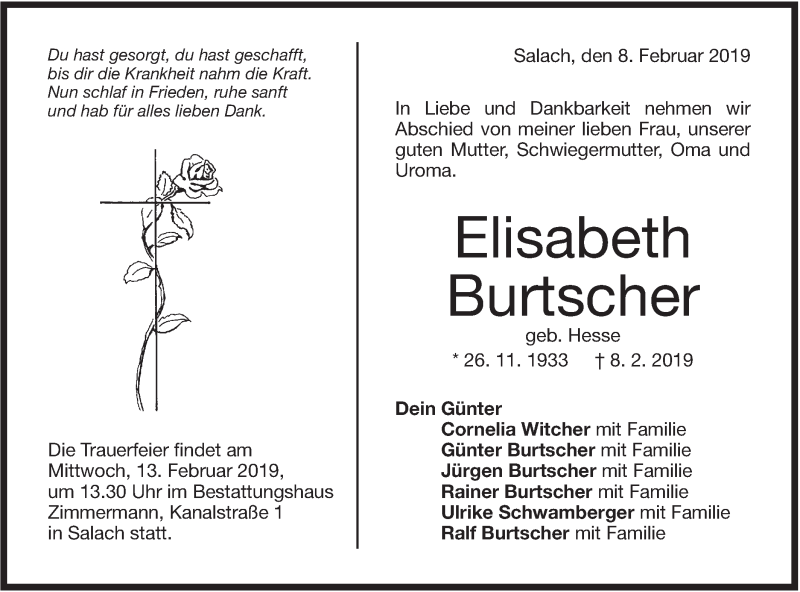  Traueranzeige für Elisabeth Burtscher vom 11.02.2019 aus NWZ Neue Württembergische Zeitung