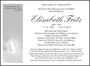 Traueranzeige von Elisabeth Fritz von SÜDWEST PRESSE Ausgabe Ulm/Neu-Ulm