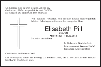 Traueranzeige von Elisabeth Pill von Hohenloher Tagblatt