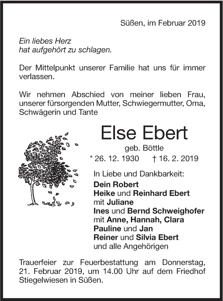  Traueranzeige für Else Ebert vom 18.02.2019 aus NWZ Neue Württembergische Zeitung