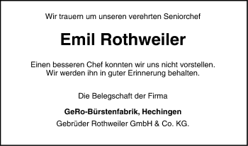 Traueranzeige von Emil Rothweiler von Hohenzollerische Zeitung