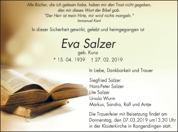 Traueranzeige von Eva Salzer von Hohenzollerische Zeitung