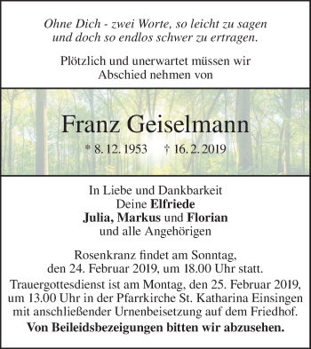 Traueranzeige von Franz Geiselmann von SÜDWEST PRESSE Ausgabe Ulm/Neu-Ulm