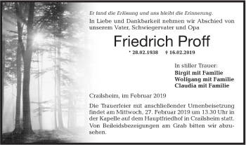 Traueranzeige von Friedrich Proff von Hohenloher Tagblatt