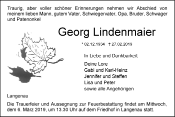 Traueranzeige von Georg Lindenmaier von SÜDWEST PRESSE Ausgabe Ulm/Neu-Ulm
