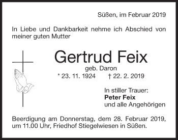 Traueranzeige von Gertrud Feix von NWZ Neue Württembergische Zeitung