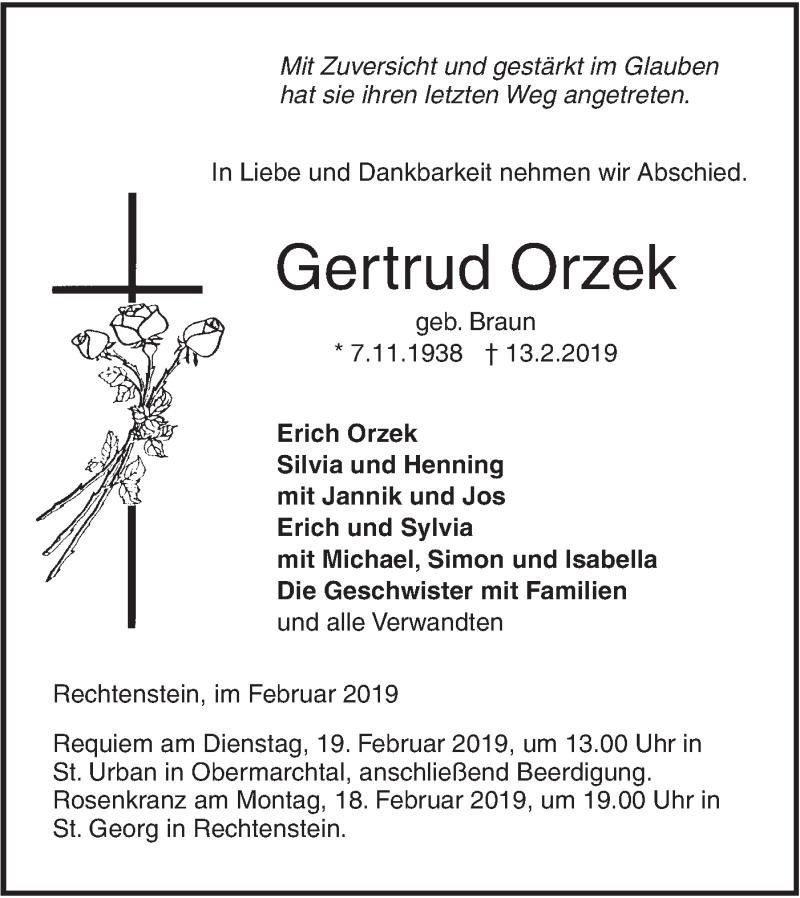  Traueranzeige für Gertrud Orzek vom 16.02.2019 aus Ehinger Tagblatt