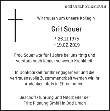 Traueranzeige von Grit Sauer von Metzinger-Uracher Volksblatt