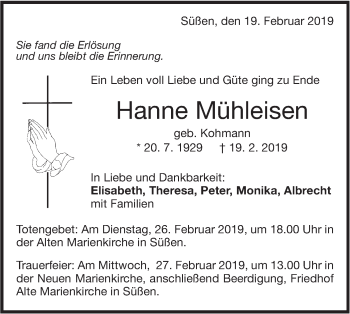 Traueranzeige von Hanne Mühleisen von NWZ Neue Württembergische Zeitung