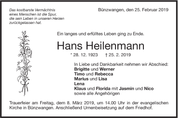 Traueranzeige von Hans Heilenmann von NWZ Neue Württembergische Zeitung
