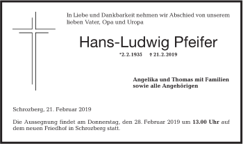 Traueranzeige von Hans-Ludwig Pfeifer von Hohenloher Tagblatt