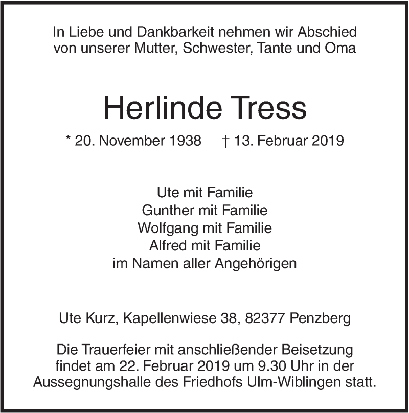  Traueranzeige für Herlinde Tress vom 16.02.2019 aus SÜDWEST PRESSE Ausgabe Ulm/Neu-Ulm