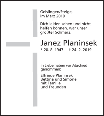 Traueranzeige von Janez Planinsek von Geislinger Zeitung
