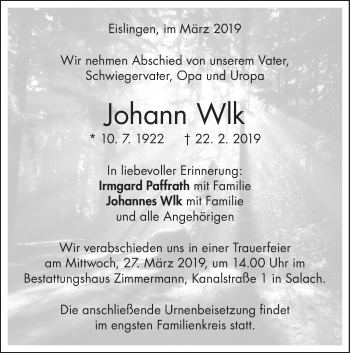 Traueranzeige von Johann Wlk von NWZ Neue Württembergische Zeitung