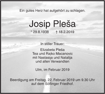 Traueranzeige von Josip Plesa von SÜDWEST PRESSE Ausgabe Ulm/Neu-Ulm