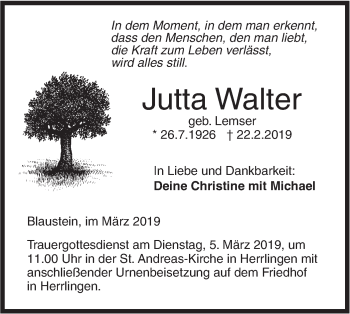 Traueranzeige von Jutta Walter von SÜDWEST PRESSE Ausgabe Ulm/Neu-Ulm