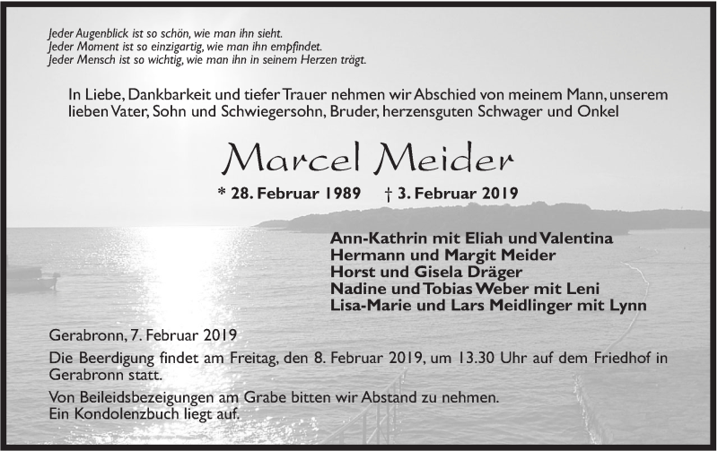  Traueranzeige für Marcel Meider vom 07.02.2019 aus Hohenloher Tagblatt