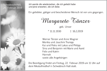 Traueranzeige von Margarete Tänzer von Haller Tagblatt