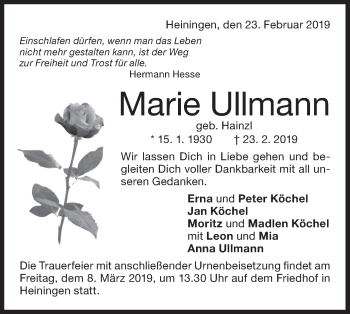 Traueranzeige von Marie Ullmann von NWZ Neue Württembergische Zeitung