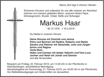 Traueranzeige von Markus Haar von SÜDWEST PRESSE Ausgabe Ulm/Neu-Ulm