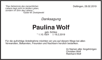 Traueranzeige von Paulina Wolf von Metzinger-Uracher Volksblatt