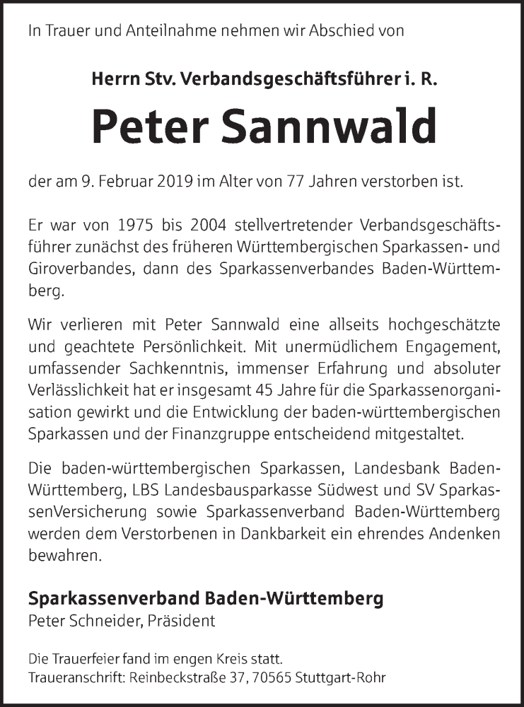  Traueranzeige für Peter Sannwald vom 15.02.2019 aus SÜDWEST PRESSE