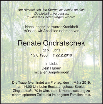 Traueranzeige von Renate Ondratschek von SÜDWEST PRESSE Ausgabe Ulm/Neu-Ulm