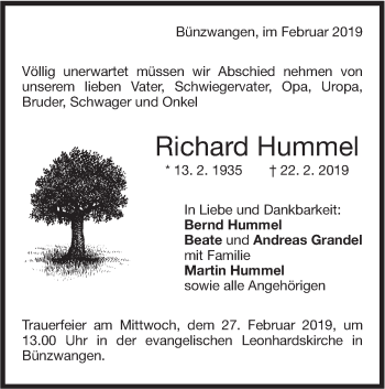 Traueranzeige von Richard Hummel von NWZ Neue Württembergische Zeitung