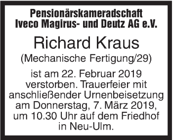 Traueranzeige von Richard Kraus von SÜDWEST PRESSE Ausgabe Ulm/Neu-Ulm