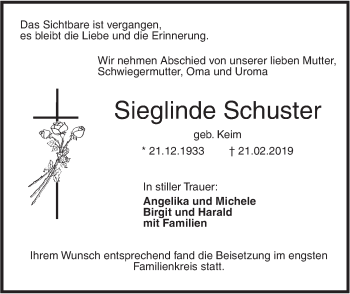 Traueranzeige von Sieglinde Schuster von SÜDWEST PRESSE Ausgabe Ulm/Neu-Ulm