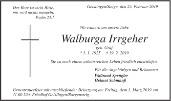 Traueranzeige von Walburga Irrgeher von Geislinger Zeitung