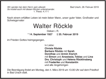 Traueranzeige von Walter Röckle von Metzinger-Uracher Volksblatt