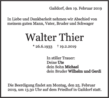 Traueranzeige von Walter Thier von Rundschau Gaildorf