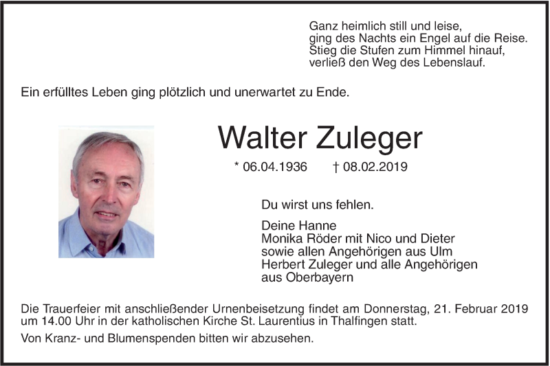  Traueranzeige für Walter Zuleger vom 16.02.2019 aus SÜDWEST PRESSE Ausgabe Ulm/Neu-Ulm