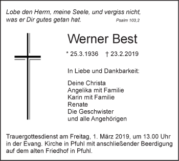 Traueranzeige von Werner Best von SÜDWEST PRESSE Ausgabe Ulm/Neu-Ulm