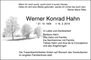 Traueranzeige von Werner Konrad Hahn von Hohenzollerische Zeitung