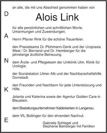Traueranzeige von Alois Link von SÜDWEST PRESSE Ausgabe Ulm/Neu-Ulm
