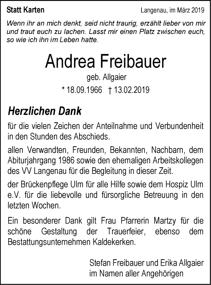  Traueranzeige für Andrea Freibauer vom 06.03.2019 aus SÜDWEST PRESSE Ausgabe Ulm/Neu-Ulm