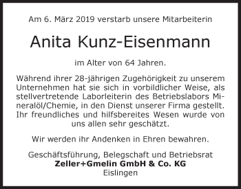 Traueranzeige von Anita Kunz-Eisenmann von NWZ Neue Württembergische Zeitung
