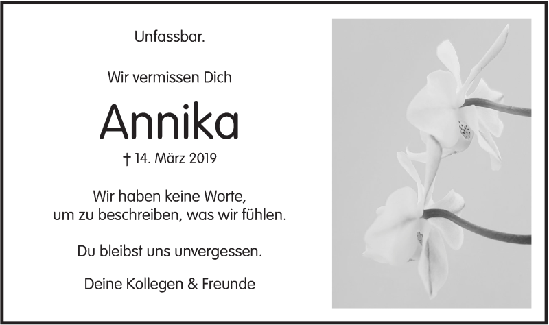  Traueranzeige für Annika Blochinger vom 22.03.2019 aus Alb-Bote/Metzinger-Uracher Volksblatt