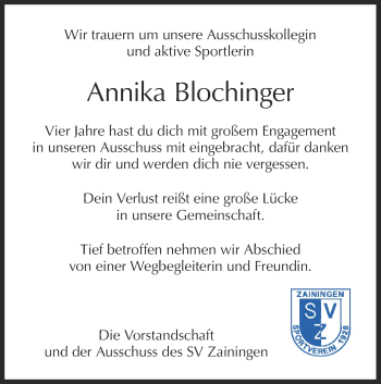 Traueranzeige von Annika Blochinger von Metzinger-Uracher Volksblatt