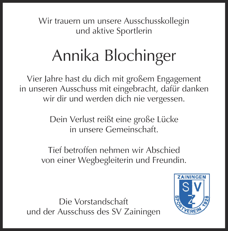  Traueranzeige für Annika Blochinger vom 21.03.2019 aus Metzinger-Uracher Volksblatt